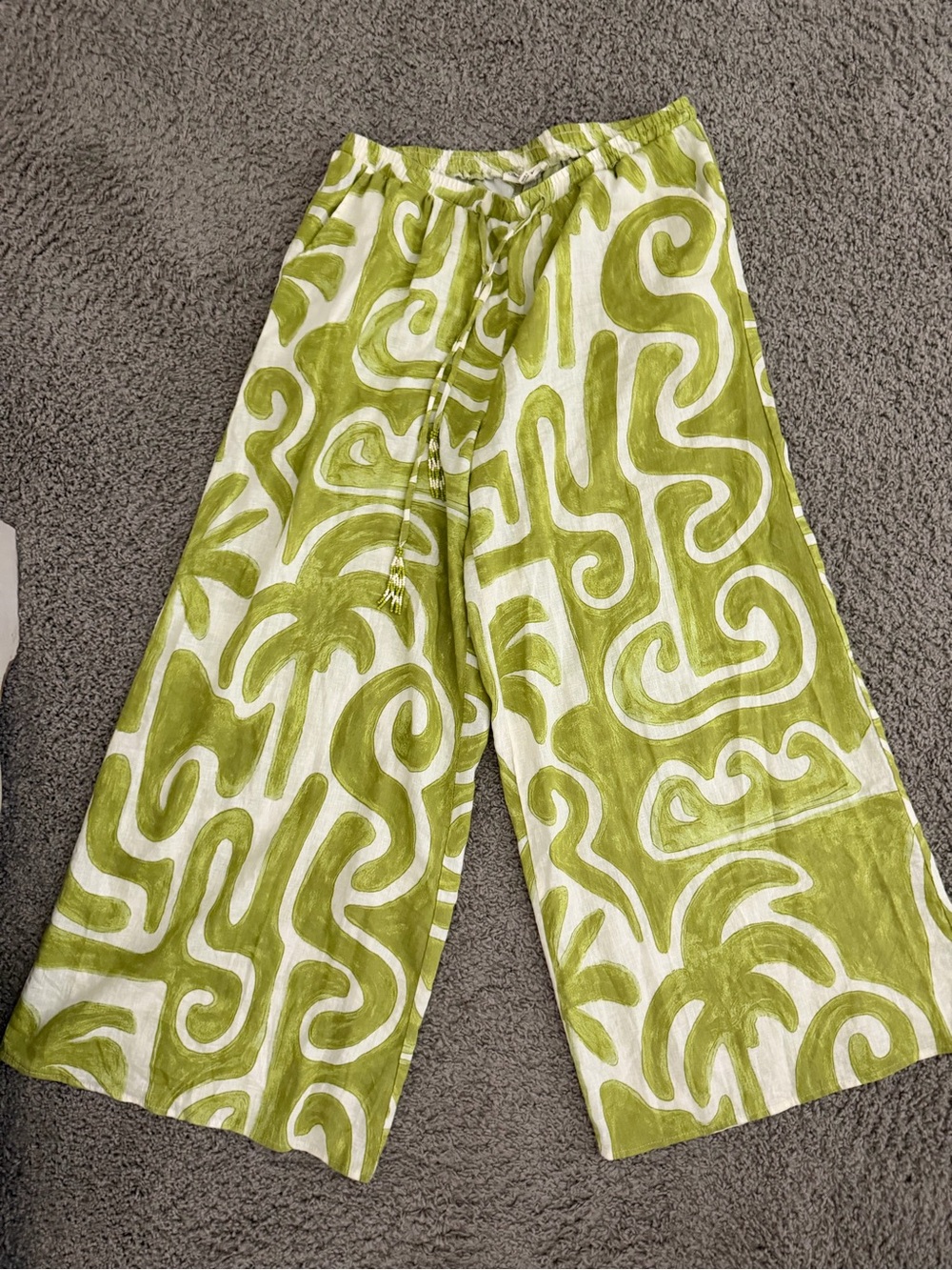 Christian Siriano Olive and White Palm-Print Wide-Leg Pants